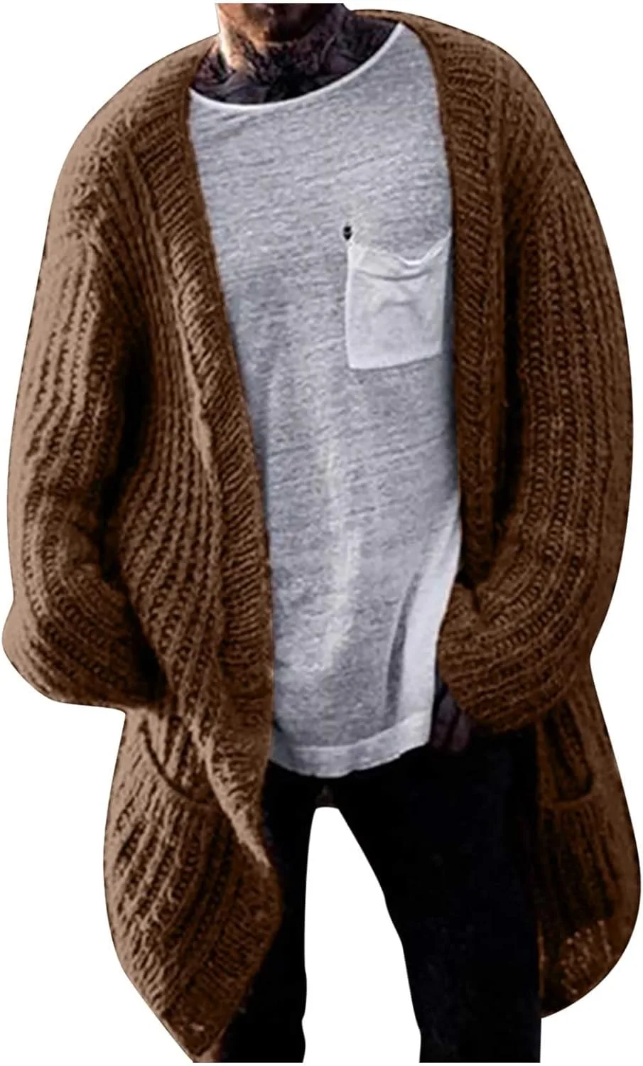 

Длинный кардиган для мужчин с открытой передней частью и карманами AQAYL