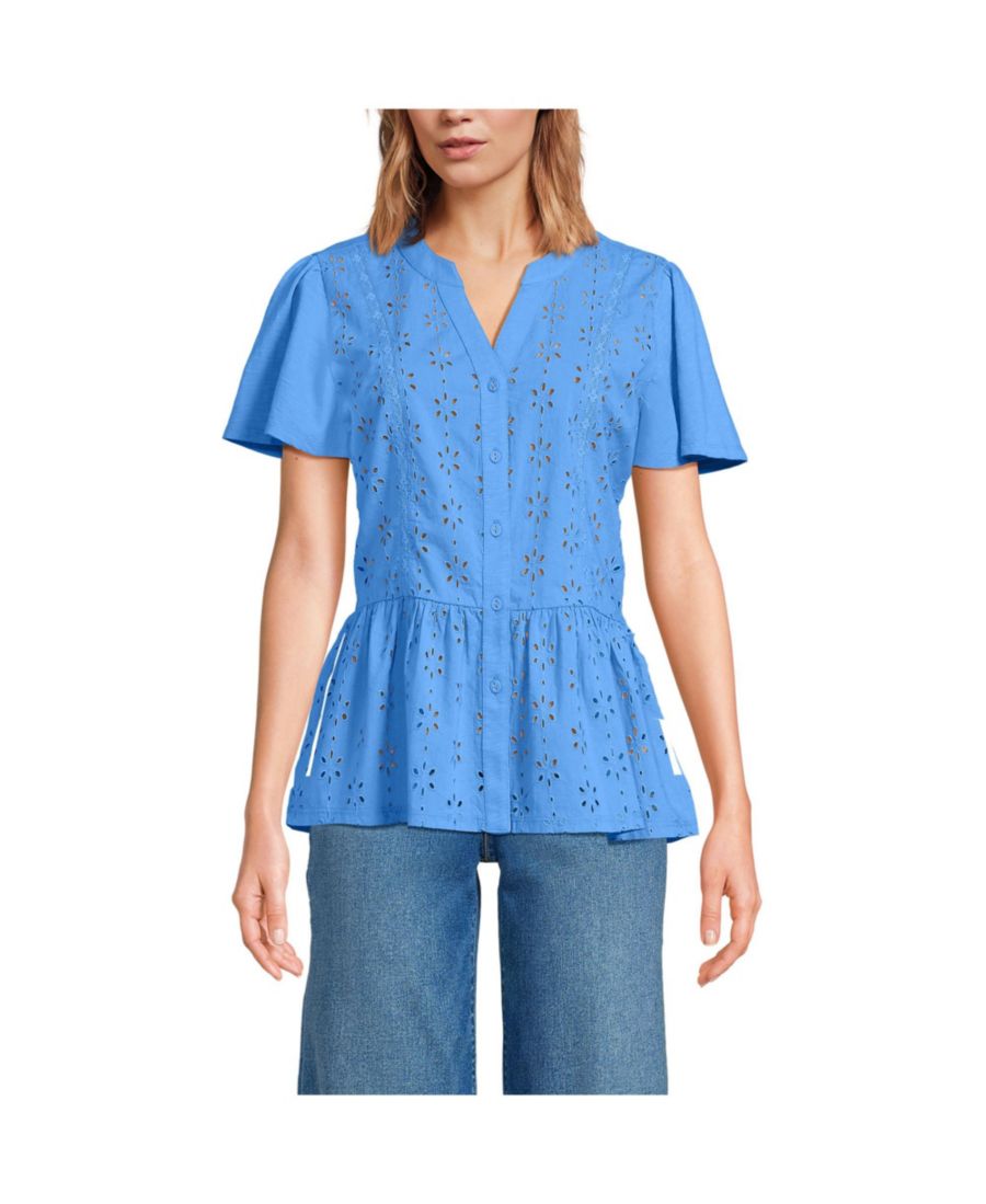 

Женская блузка с коротким рукавом, выполненная из комбинированной ткани с перфорацией Lands' End, Crisp blue