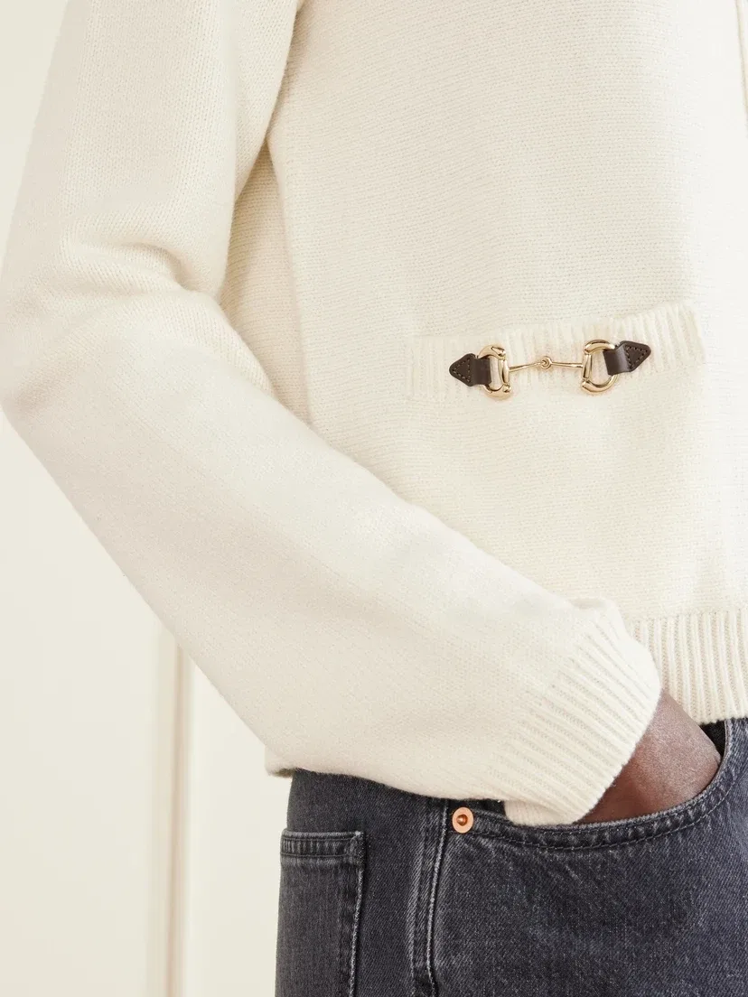 Кардиган из шерсти и кашемира с отделкой из кожи и элементом Horsebit GUCCI, белый — фото 4