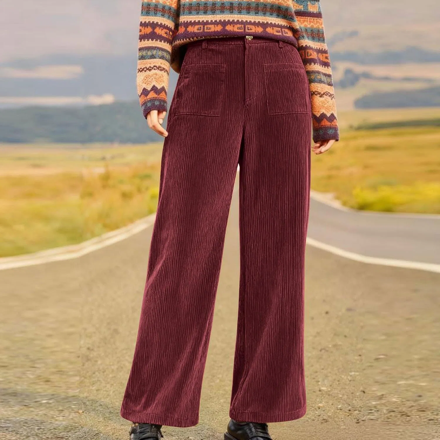 Винтажные женские брюки из вельвета Casual High Waisted Wide Leg, свободные эластичные рабочие брюки с карманами Generic, Wine — фото 2