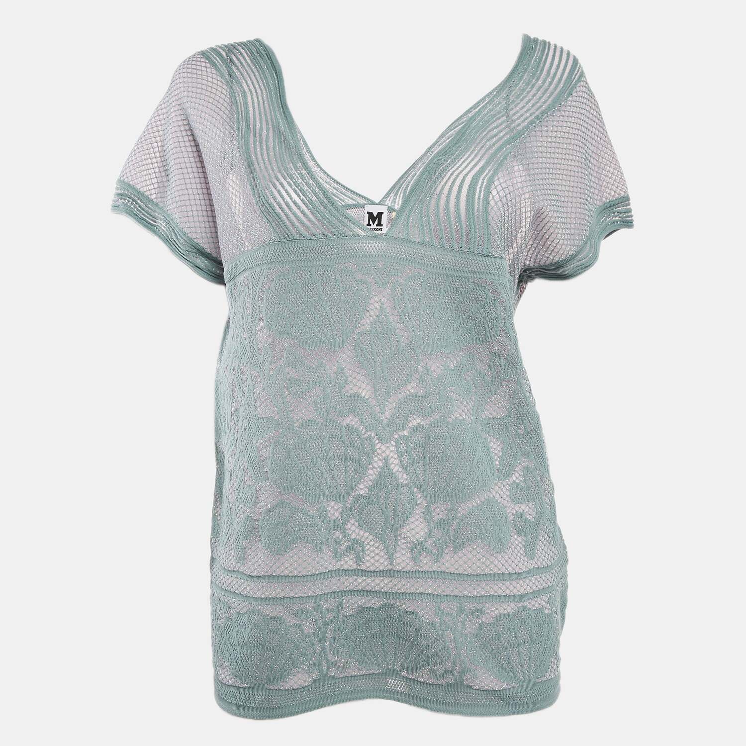 

M Missoni Топ из фактурного трикотажа с V-образным вырезом, ледяного синего цвета с люрексом