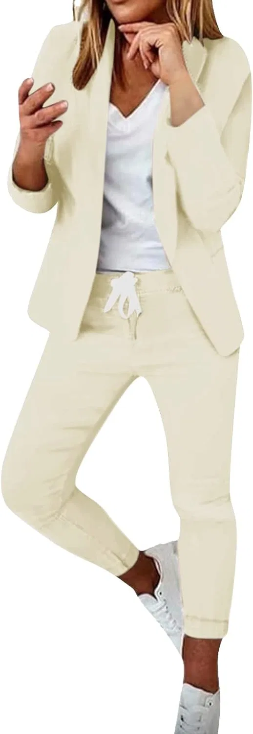 Женский костюм-двойка с жакетом и брюками, Plus Size, C-beige