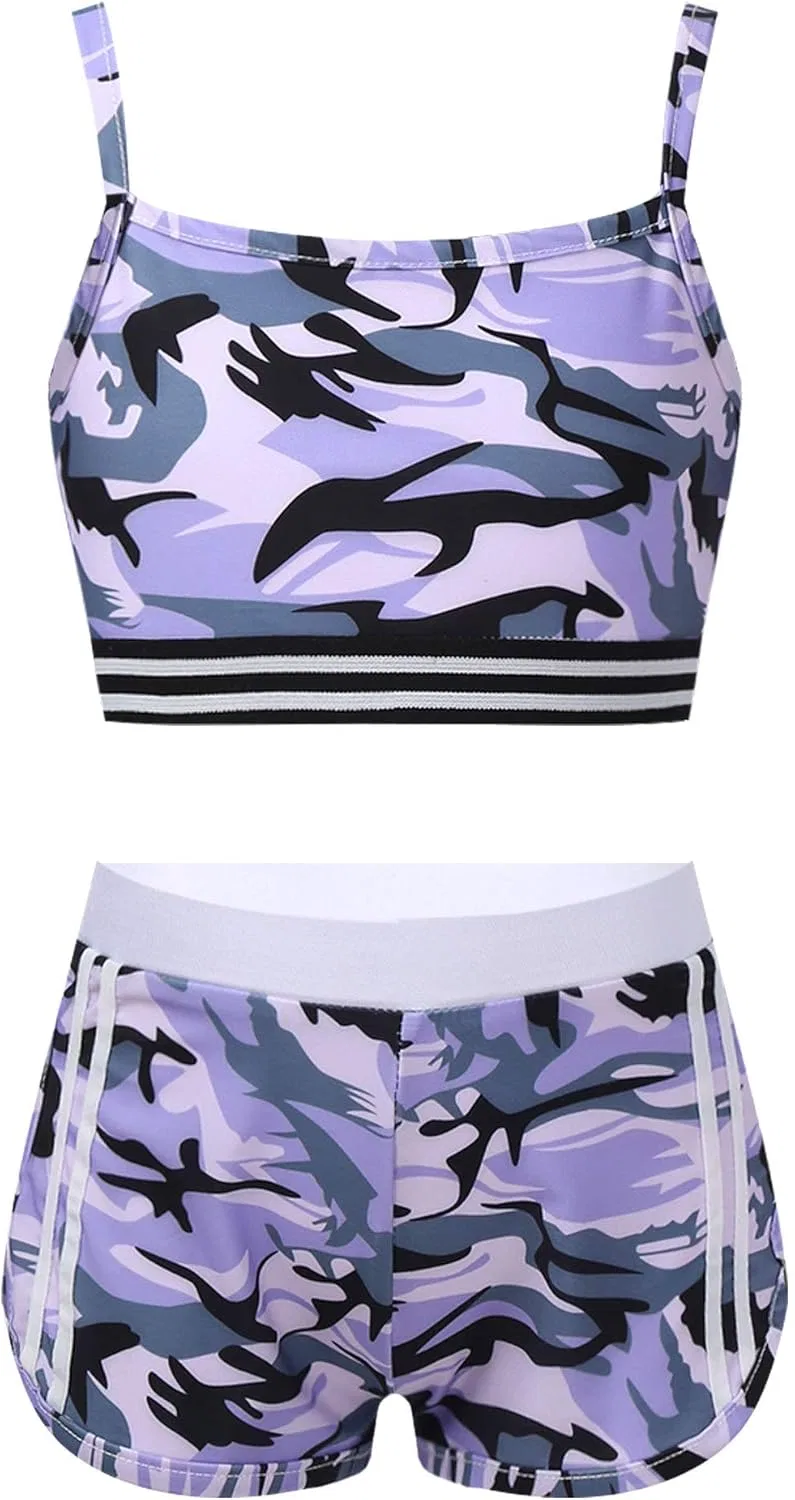Детский спортивный костюм с пайетками Mufeng, топ и шорты, Camo Purple