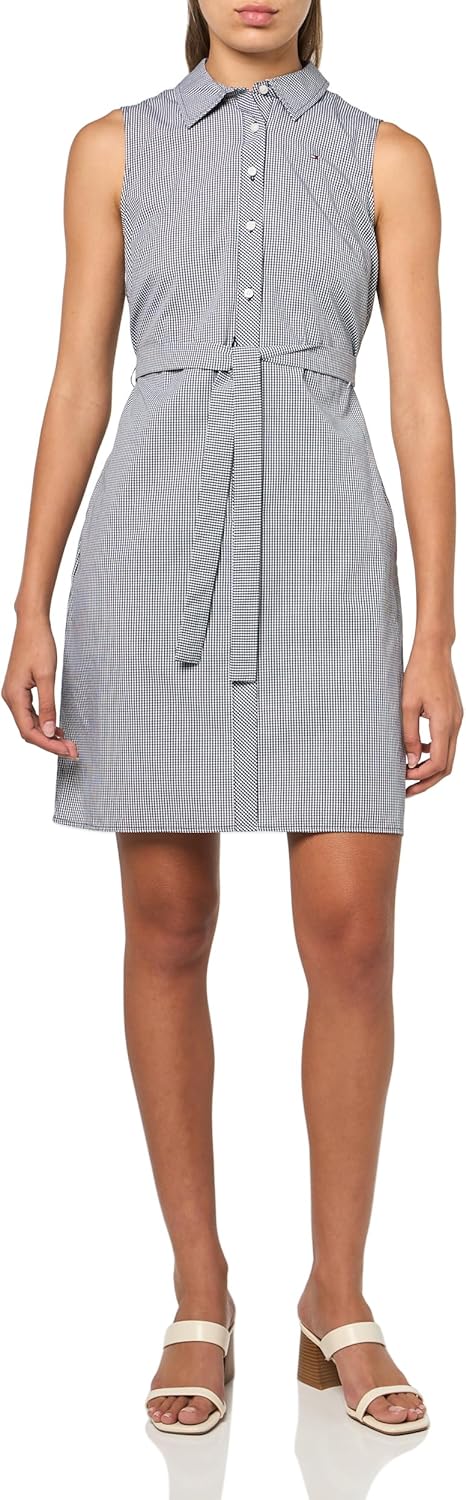 

Женское мини-платье-рубашка Tommy Hilfiger без рукавов с воротником, пуговицами спереди и завязкой на талии, Sky Captain/Bright White