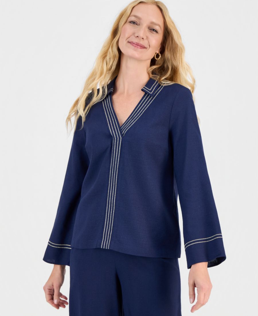 

Женская блузка с длинными рукавами и воротником в стиле трапунто JM Collection, Intrepid Blue