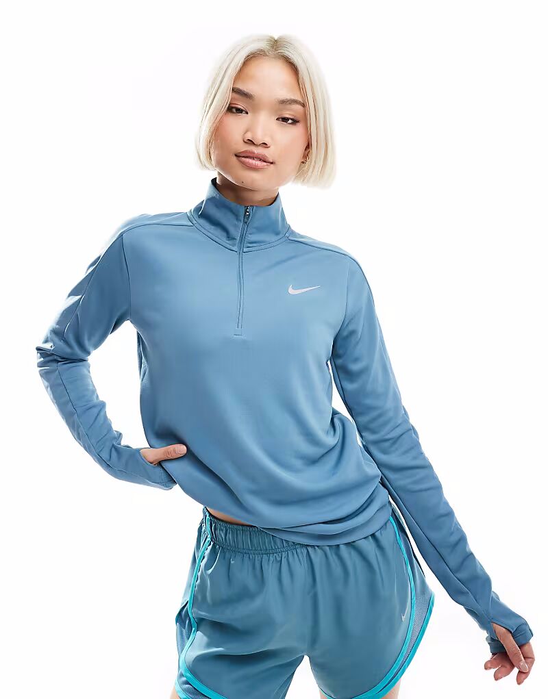 

Футболка Nike Running Pacer Dri-FIT с длинными рукавами и застежкой-молнией на половину длины синего цвета