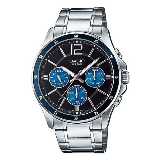 

Часы CASIO Business Style Waterproof Quartz Men Silver/Black Stainless Steel Strap Mens Blue Analog, синий