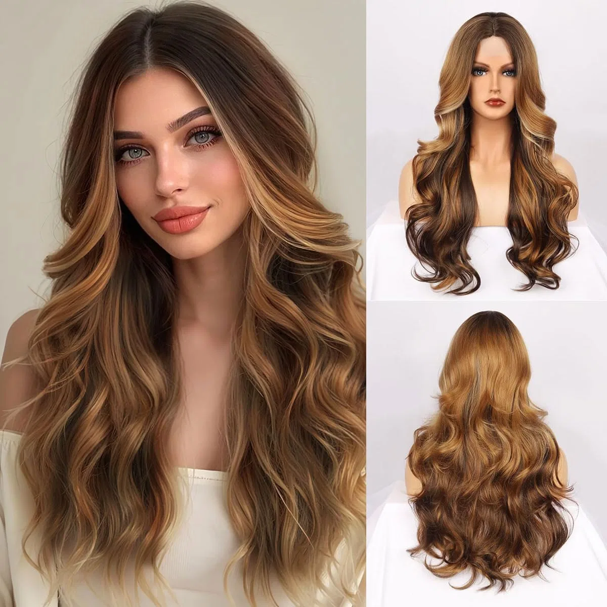 Длинный волнистый парик из синтетического волокна Fulang Hair, Brown With Gold