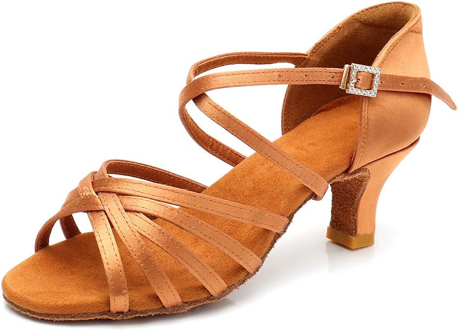 

Женские латинские танцевальные туфли RoseMoli из атласа, профессиональные для бальных танцев, сальсы, для тренировок и выступлений, Tan-2.2inch Heels