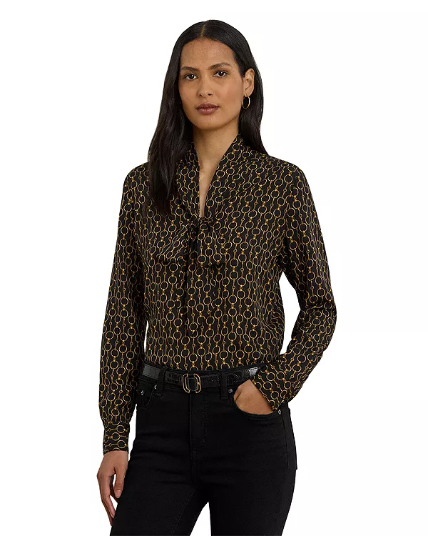 

Блузка из крепа с принтом в виде цепочек и завязками на шее Ralph Lauren, черный