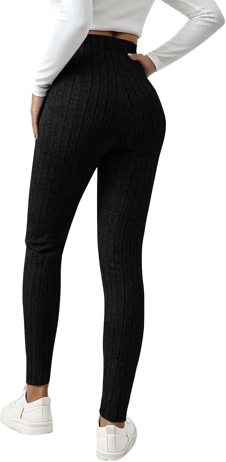 Черные леггинсы Women Stretchy High Waist Ribbed Knit Bow Casual Pants — фото 3