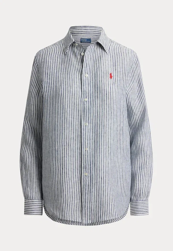 Классическая рубашка-поло с полосками из льна, на пуговицах Polo Ralph Lauren, темно-синий/белый — фото 4