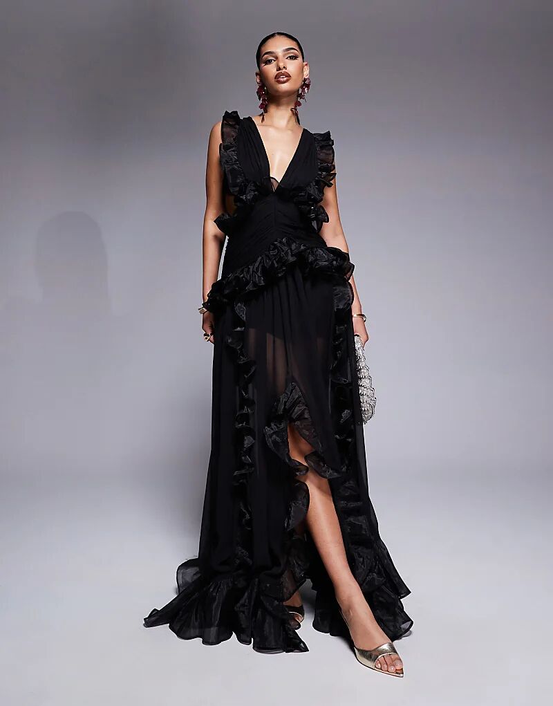 

Платье макси ASOS LUXE с глубоким декольте, шифоновой отделкой и открытой спиной черного цвета