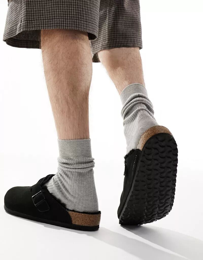 Черные сабо из овчины Birkenstock Boston на подкладке из норки — фото 4