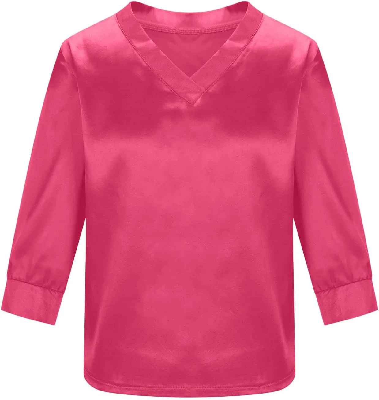 Блуза детская с V-образным вырезом, рукав 3/4, сатиновая, Hot Pink — фото 4