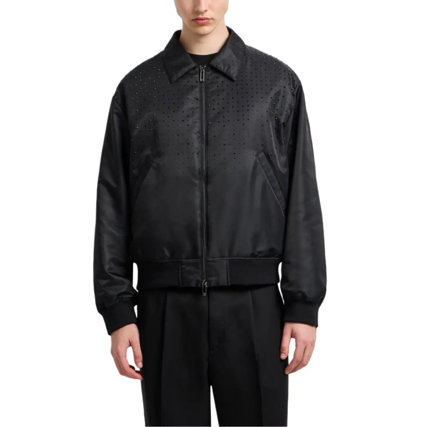 EMPORIO ARMANI Сатиновая бомбер куртка с камнями для клуба, Black — фото 2