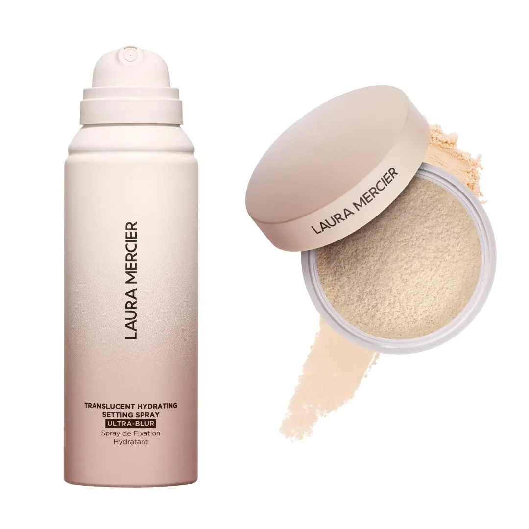 Увлажняющий фиксирующий спрей Laura Mercier Ultra-Blur и прозрачная рассыпчатая фиксирующая пудра без талька Ultra-Blur в оттенке Translucent Bundle, с гиалуроновой кислотой, для контроля блеска., white
