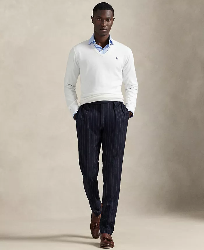 Мужской хлопковый свитер с V-образным вырезом Polo Ralph Lauren, белый — фото 4