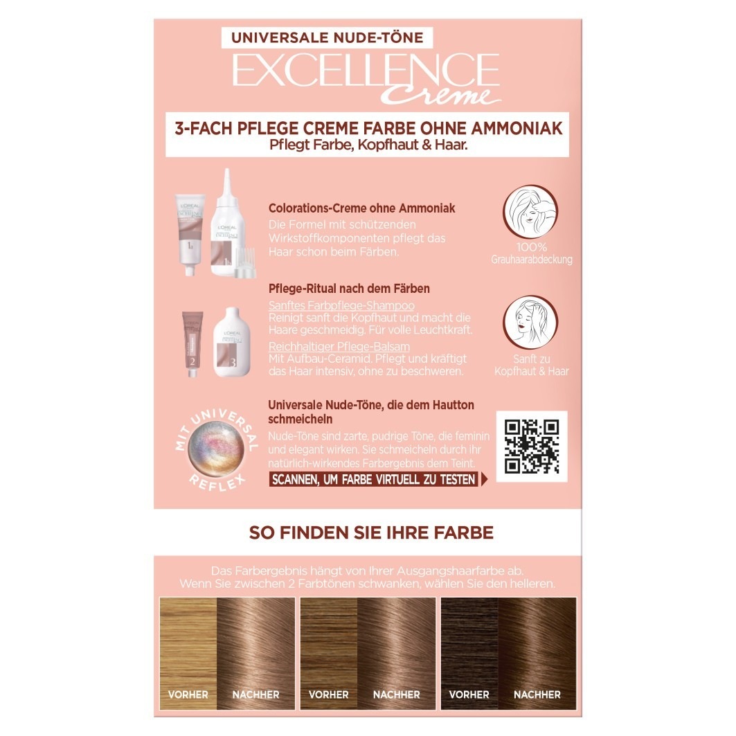 Краска для волос excellence creme universale nude-töne Loreal Paris, nr. 6u - dunkelblond, количество 1 шт. — фото 2