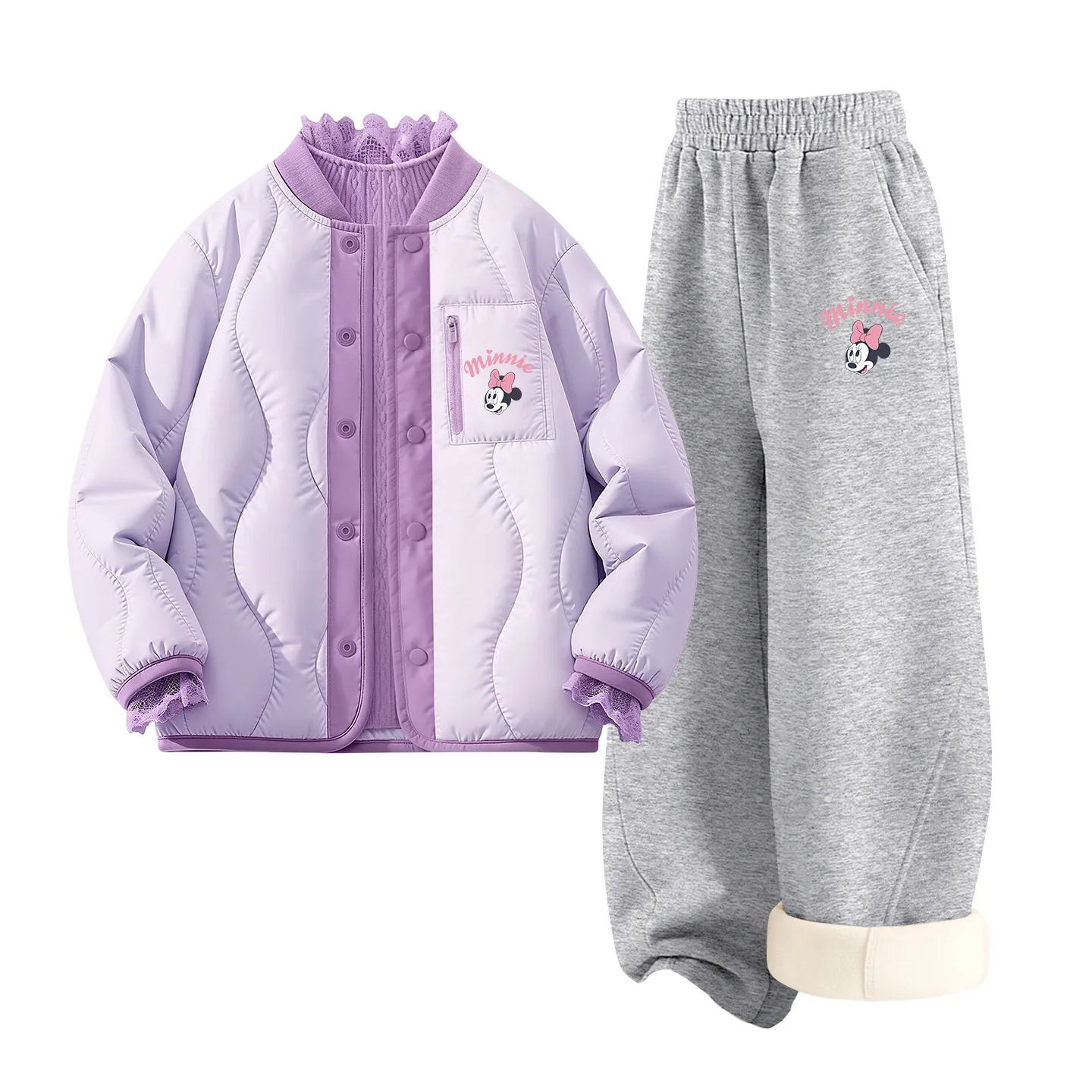Детская повседневная спортивная футболка с круглым вырезом Disney, [Thickened and Fleece-Lined Three-Piece Set]Silicone Di-Lift K Purple+Di-Lift K Heather Gray+Solid Color Purple