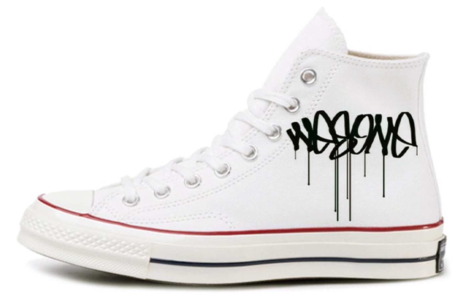 

1970-е годы. Кеды унисекс с высоким берцем, белые/черные/красные. Converse