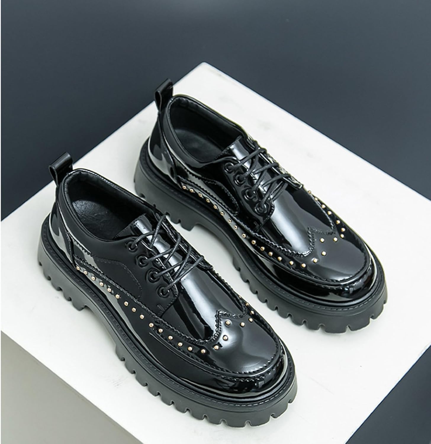 Мужские оксфорды Wingtip с высокой платформой из лакированной кожи с заклепками, грубой подошвой с протектором, нескользящие, деловые дерби-оксфорды для свиданий, вечеринок, выпускного, свадьбы, повседневной носки и работы в офисе Ferraogan, чер... — фото 3