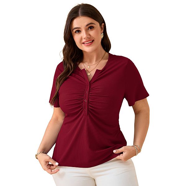 

Блузка женская plus size с пуговицами, v-образным вырезом и плиссировкой Kojooin, Wine Red