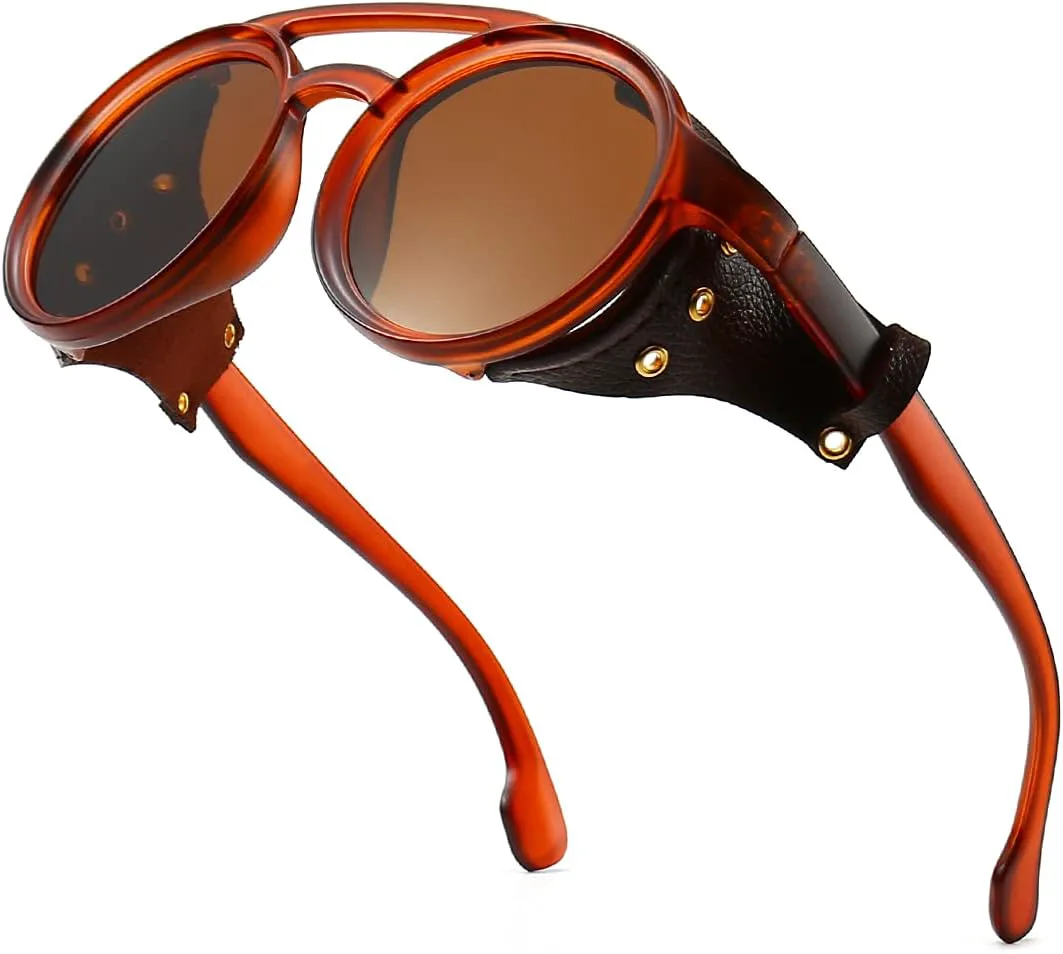 

Солнцезащитные очки GYsnail Make the world clear Round Premium Steampunk Sunglasses For Men With Leather Side, UV400 Protection HD Punk Sunglasses, Brown