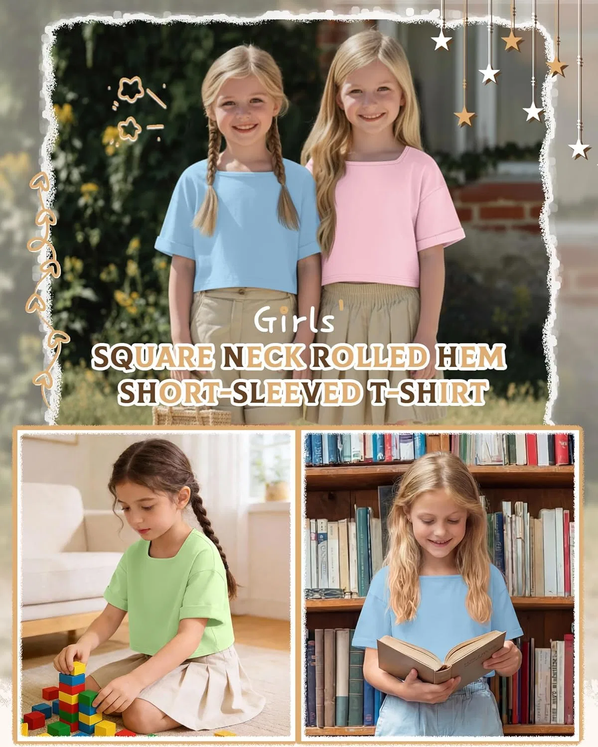 Комплект из 3 детских топов оверсайз с квадратным вырезом, LessonZoo, Light Pink, Light Green, Sky Blue — фото 4