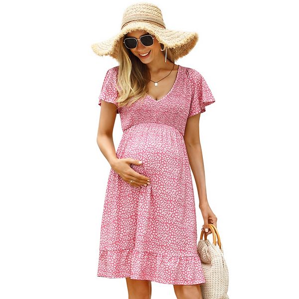 

Женское летнее платье для беременных с коротким рукавом и сборкой на груди Yesfashion, Pink Leopard Floral
