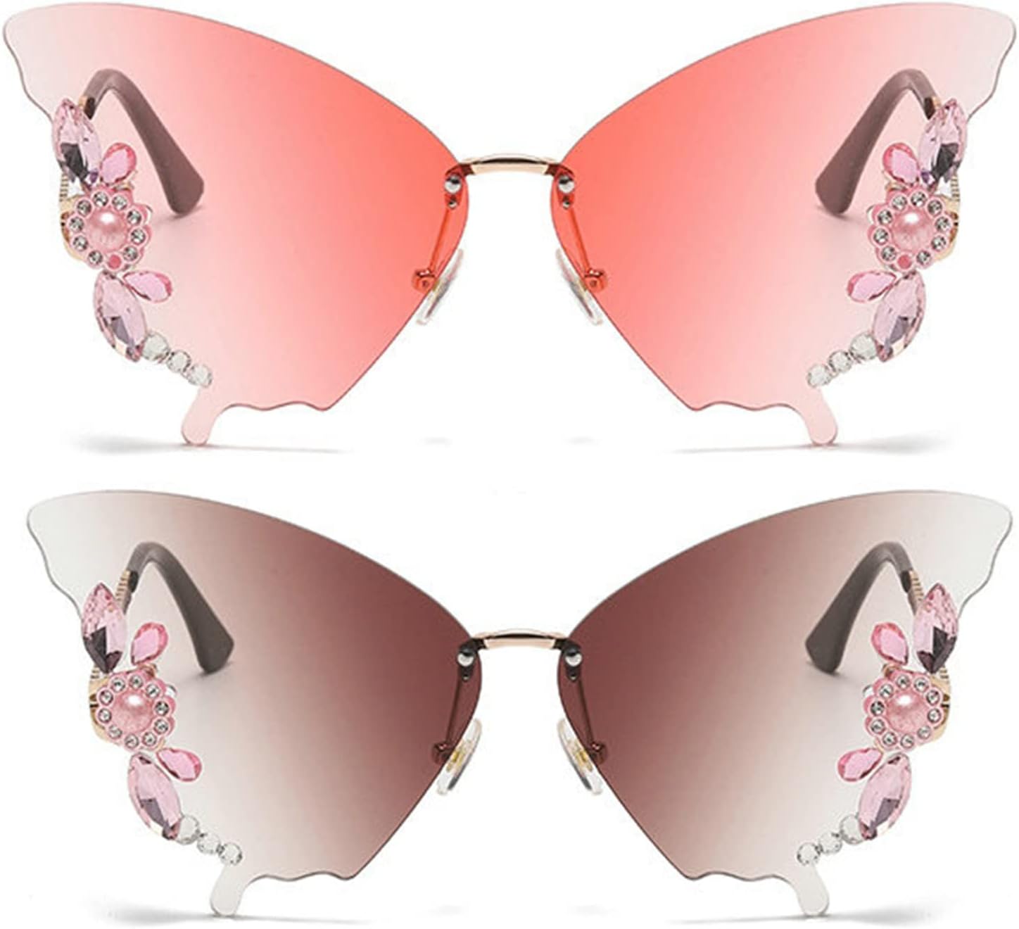 

willochra Роскошные дизайнерские солнцезащитные очки с бриллиантами в форме бабочки для женщин, модные очки без оправы со стразами для вечеринок, милые уличные очки, 2pcs-brown &Pink