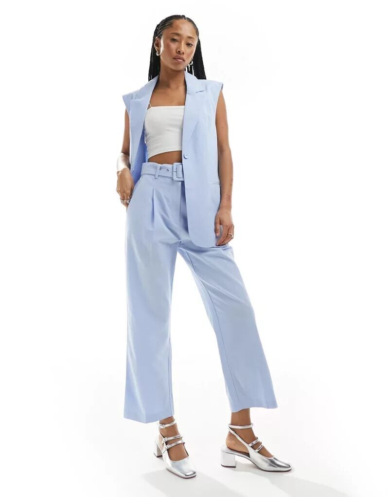 

Голубые льняные брюки прямого кроя с поясом ASOS Design