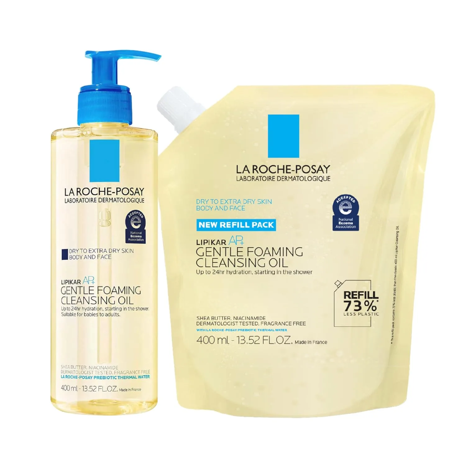 Набор La Roche-Posay Lipikar AP+ Gentle Foaming Cleansing Oil 400 мл + заправка, нежное очищающее масло для лица и тела с ниацинамидом, увлажнение на 24 часа