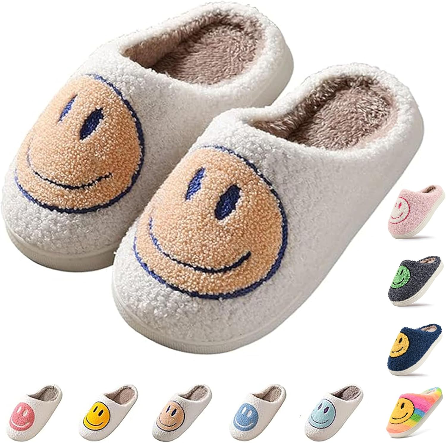 

Милые детские плюшевые тапочки с улыбающимся личиком- нескользящие, теплые, для дома и улицы Soofylia, белый