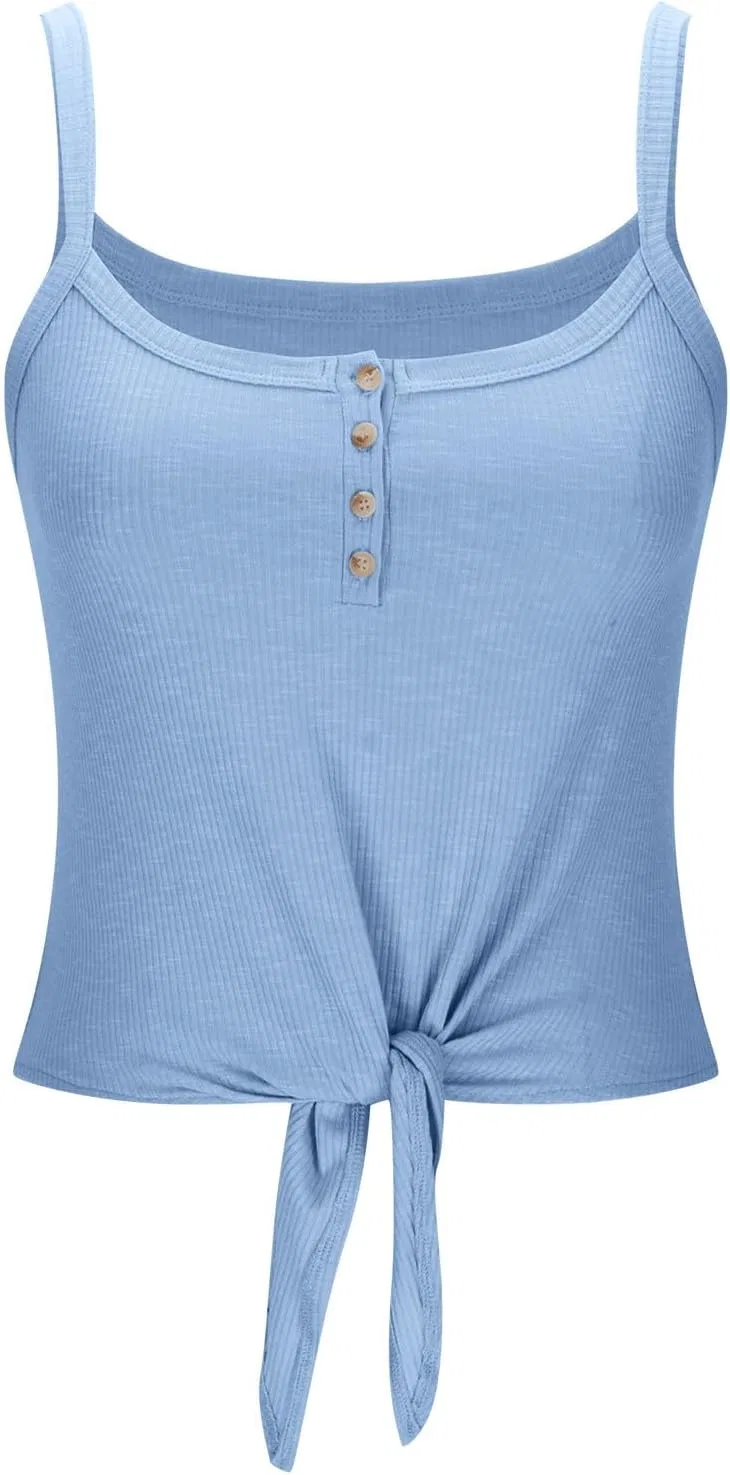 Generic Classic Round Neck Henley Shirts for Women Button Down Sleeveless Beach Holiday Tops 2025 Summer Fashion T-Shirts, небесно-голубой — фото 4