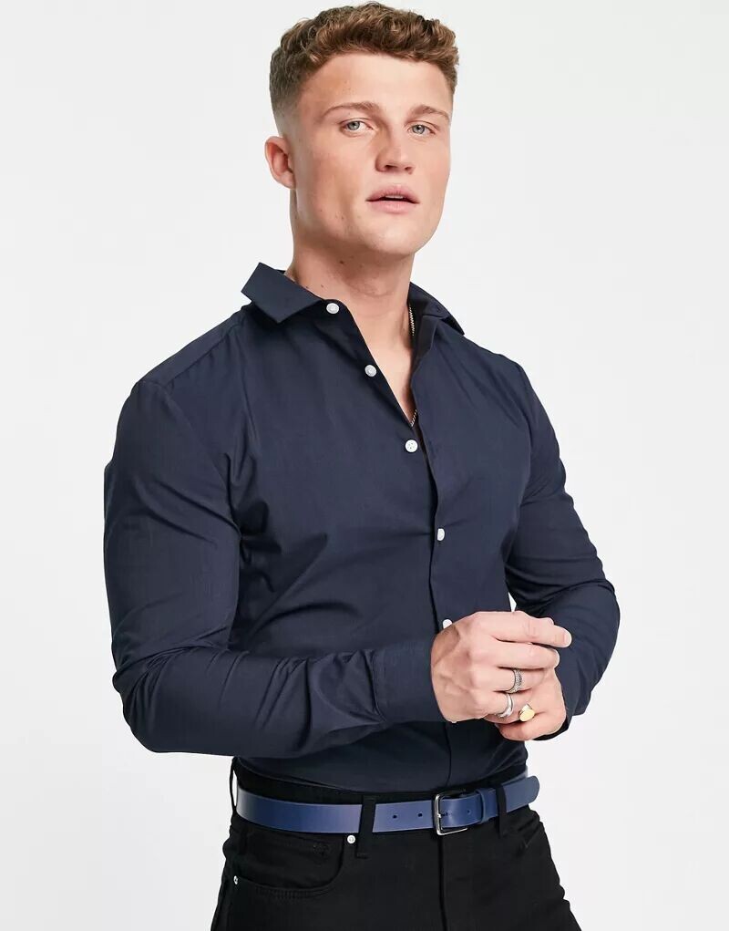 

Темно-синяя рабочая рубашка узкого кроя стрейч ASOS