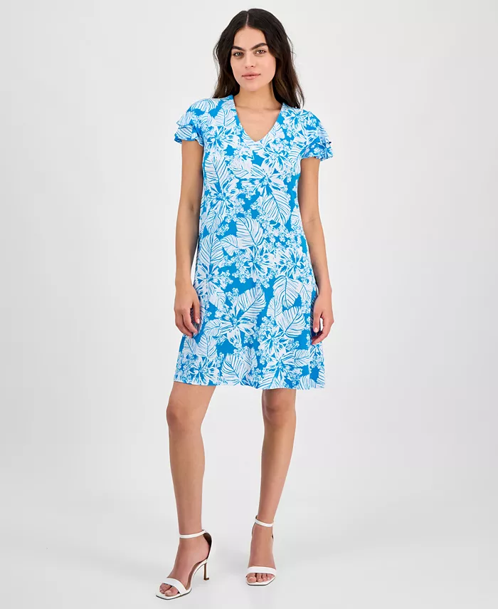 

Anne Klein. Женское мини-платье с принтом и двойными рукавами-крылышками AK Anne Klein, синий