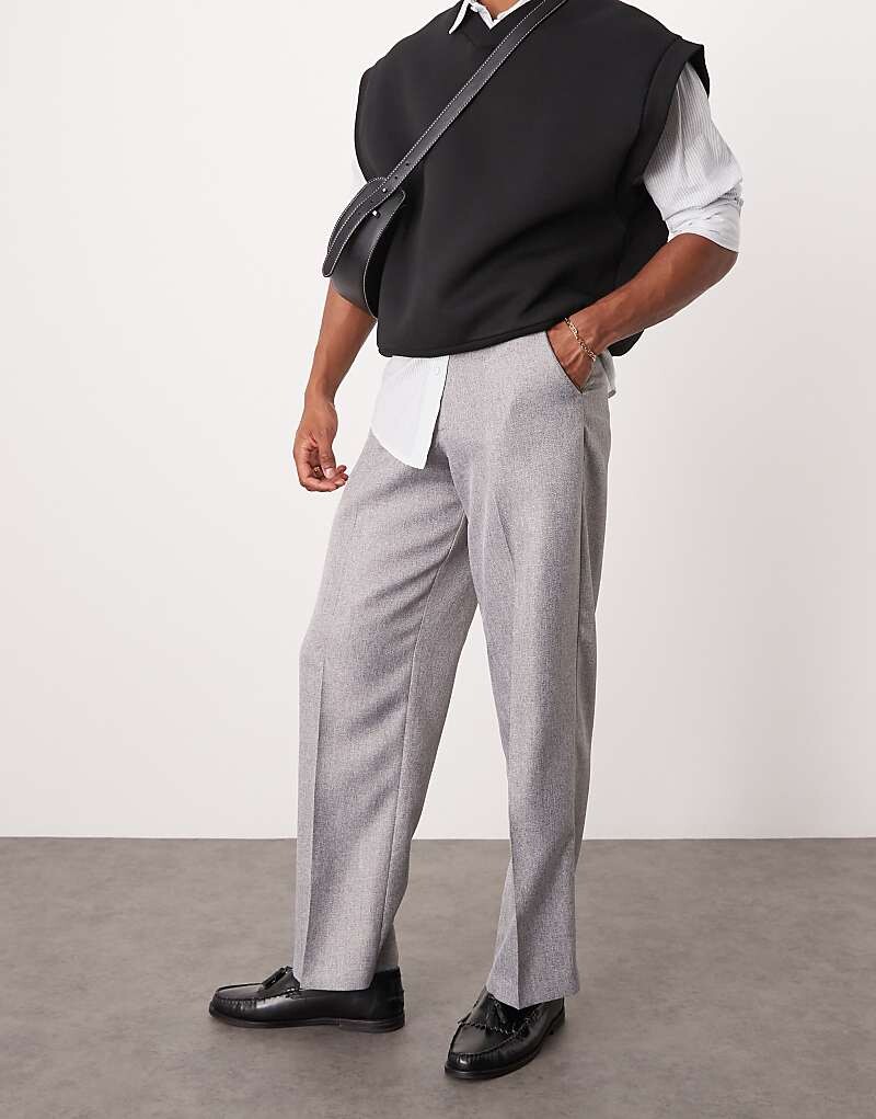 

Элегантные светло-серые широкие брюки из искусственной шерсти с узором «елочка» ASOS DESIGN