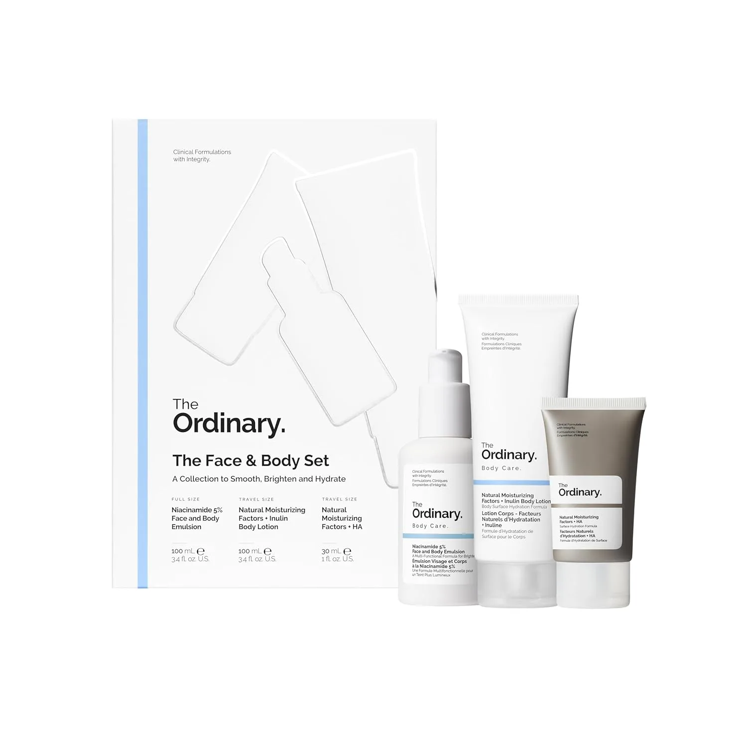 The Ordinary набор для лица и тела: ниацинамид 5% эмульсия для лица и тела, Natural Moisturizing Factors + инулин лосьон для тела и Natural Moisturizing Factors + гиалуроновая кислота 1 шт.
