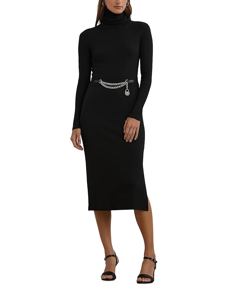 

Платье Lauren Ralph Lauren Chain-Trim Rib-Knit Turtleneck Dress, черный