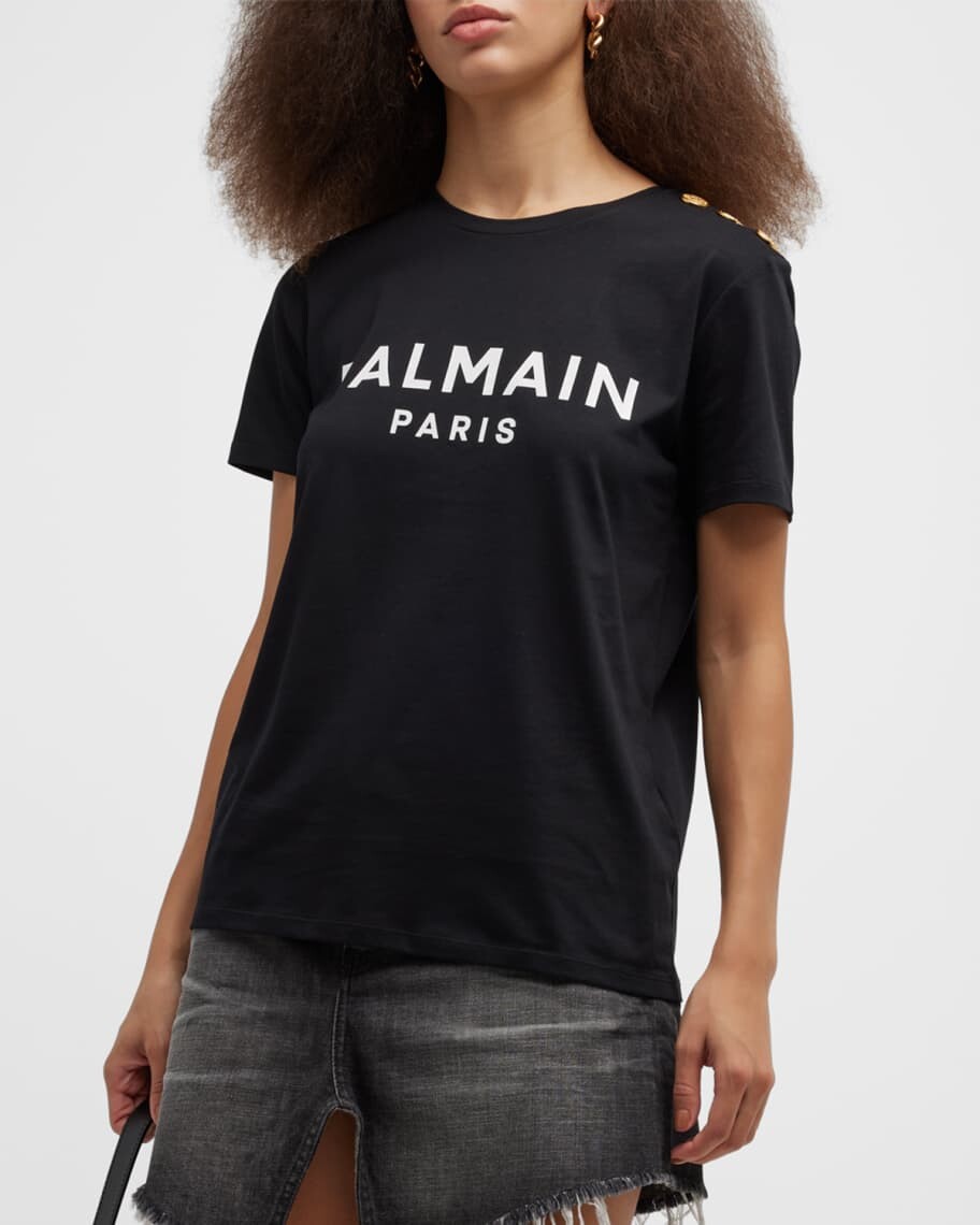 

Флокированная футболка с логотипом на 3 пуговицах Balmain, Черный, Флокированная футболка с логотипом на 3 пуговицах Balmain
