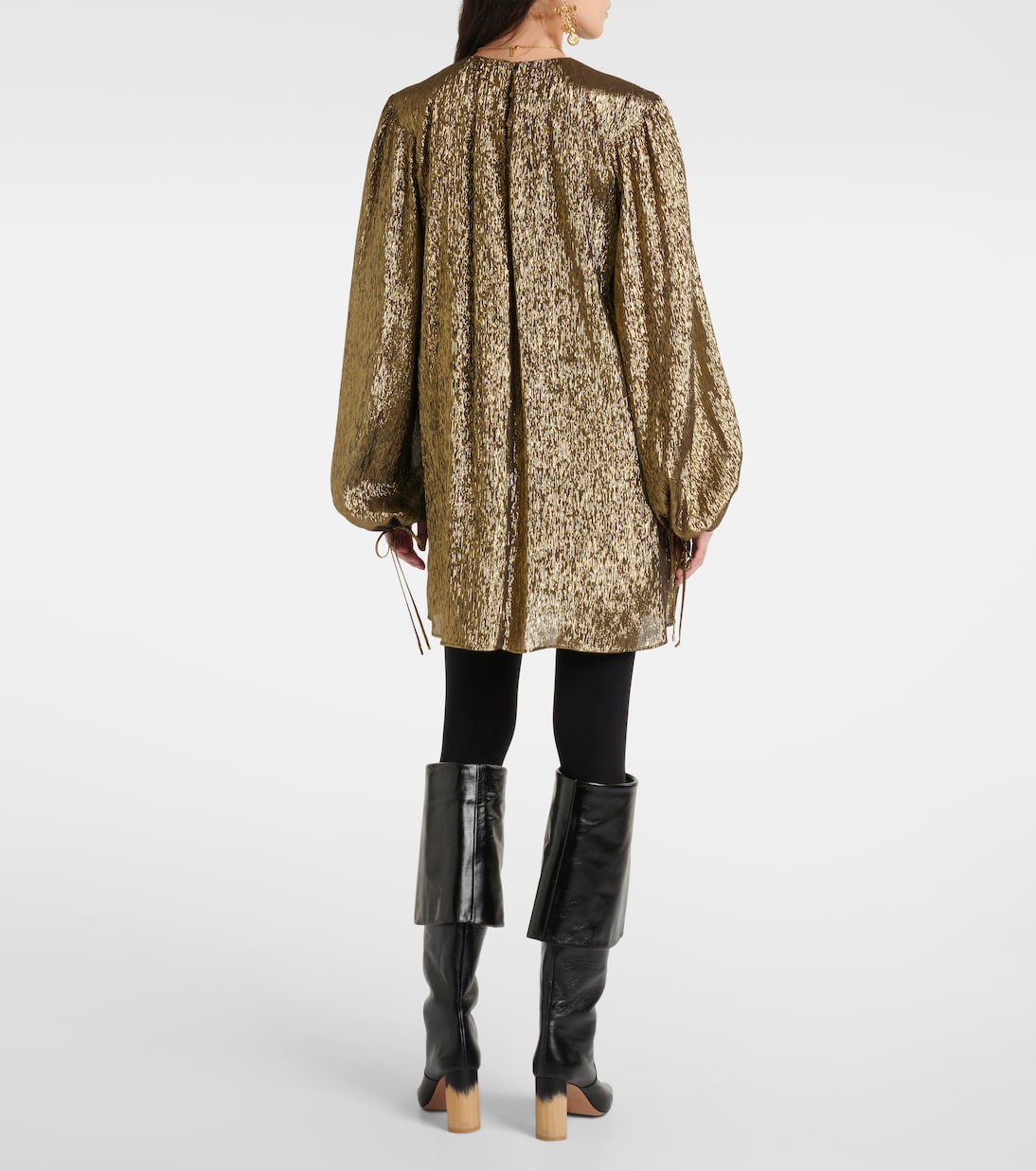 Мини-платье из смесового шелка с рукавами-фонариками Chloé, Black Gold — фото 3