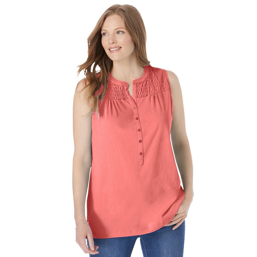 

Женщина в женской майке Henley со сборками больших размеров Woman Within, цвет Sweet Coral