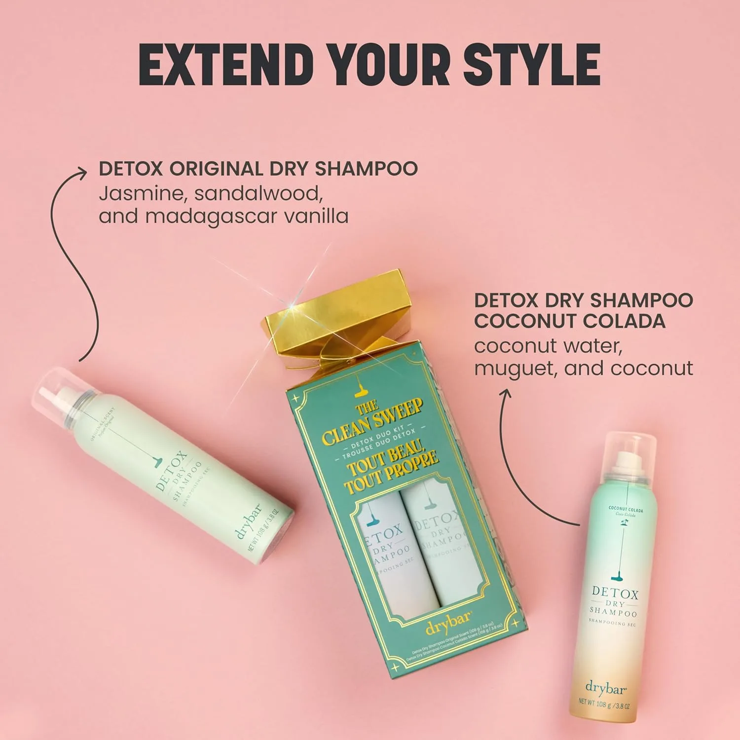 Набор для детоксикации Clean Sweep Detox Duo Kit - праздничный подарочный набор, двойная упаковка сухих шампуней - ароматы «Кокосовая колада» и «Оригинальный» - две банки по 100 мл. Drybar — фото 2