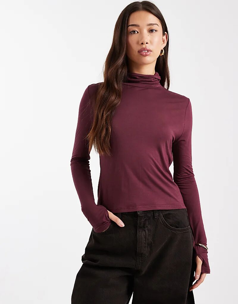 

Полупрозрачный лонгслив ASOS DESIGN с воротником-стойкой и длинными рукавами, облегающий фигуру, ягодного цвета