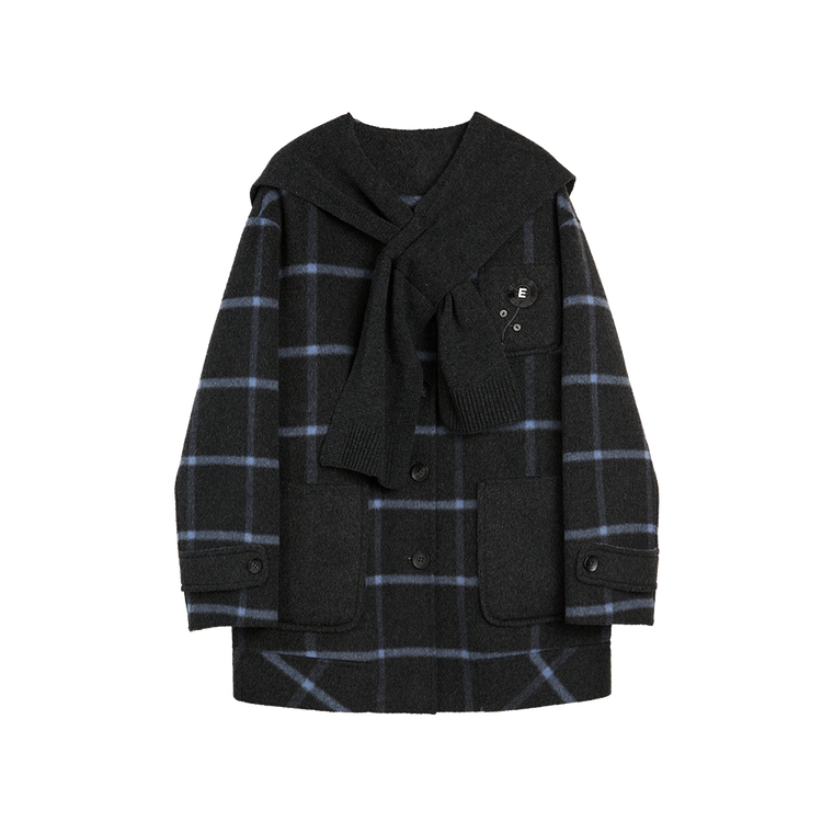 

ELLE Пальто женское синее в клетку утепленное прямое