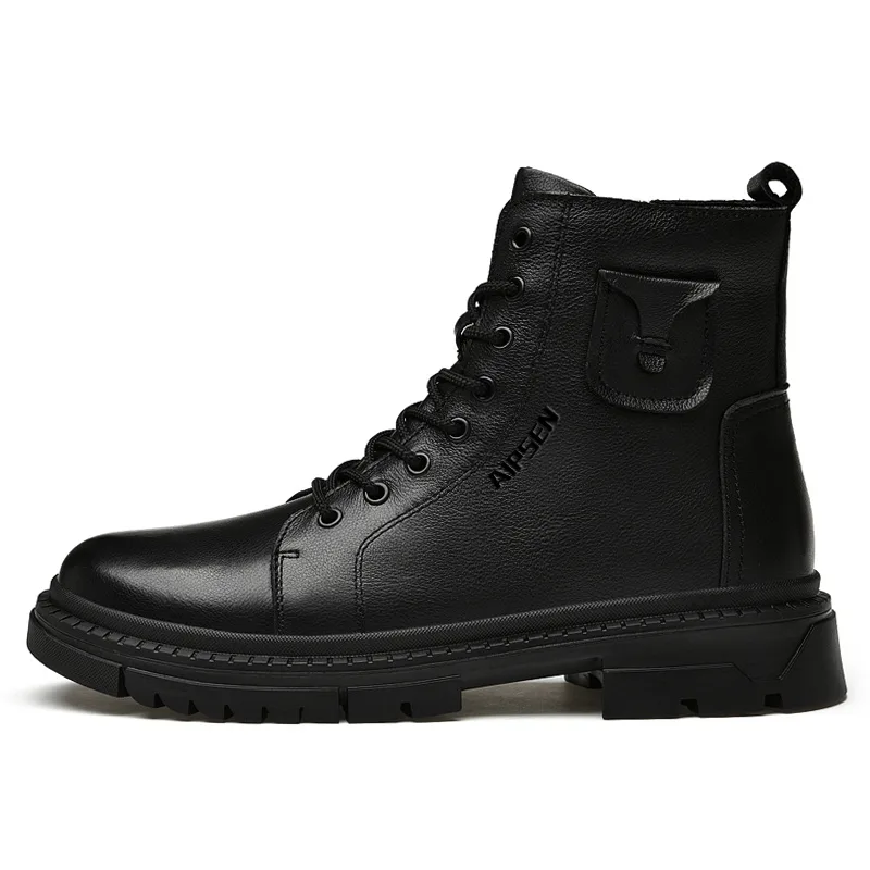 AIPSEN Ботинки мужские черные Top Grain Cow Leather Crew Combat