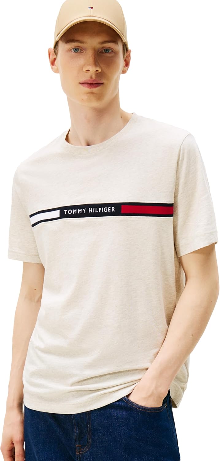 

Мужские хлопковые футболки Tommy Hilfiger с коротким рукавом и фирменным логотипом в полоску, также доступны в размерах для больших и высоких женщин., Heathered Oatmilk, Белый, Мужские хлопковые футболки Tommy Hilfiger с коротким рукавом и фирменным логот