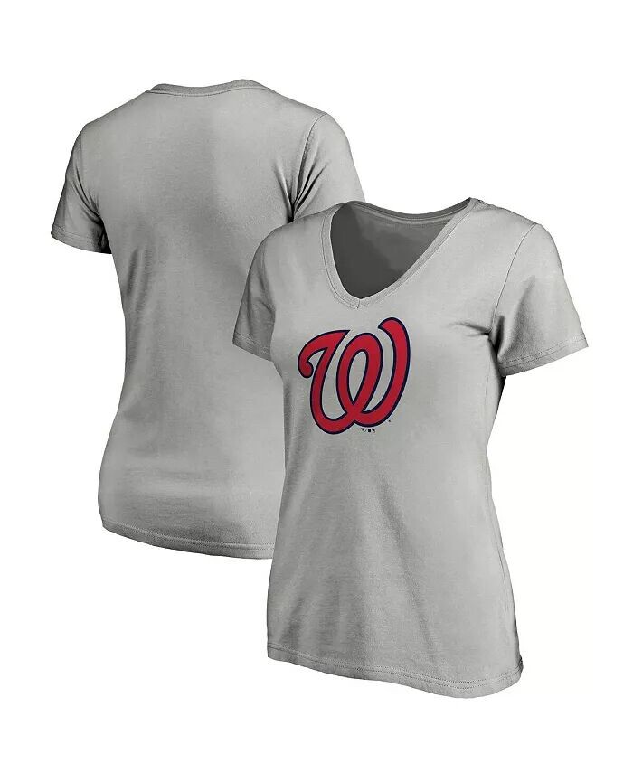 

Женская серая футболка Washington Nationals Core с v-образным вырезом и официальным логотипом Fanatics