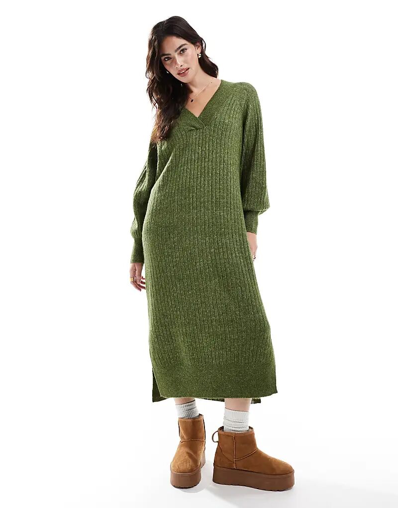 

Платье-джемпер свободного кроя с мягким ребристым узором цвета хаки Vero Moda